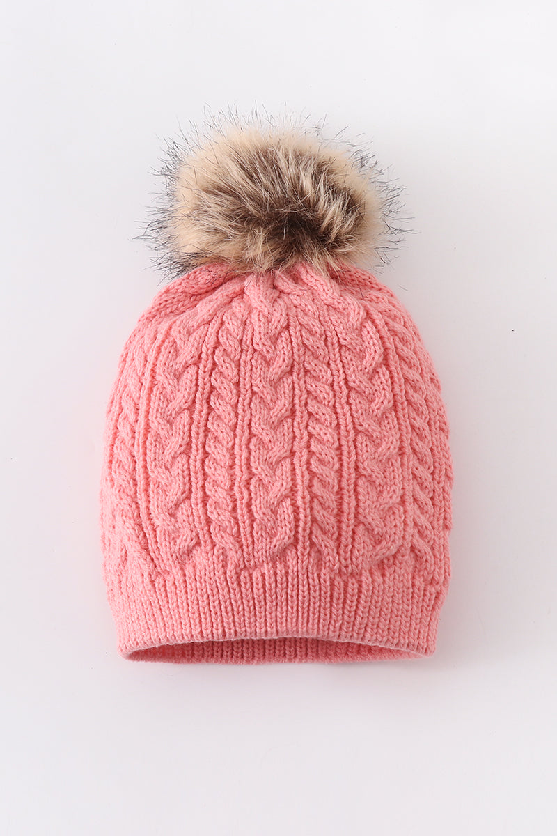 Bubblegum pink cable knit pom pom beanie hat baby toddler adult