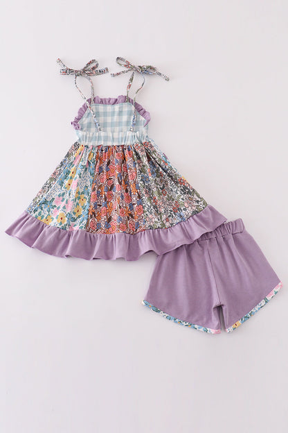 Purple floral print ruffle girl set