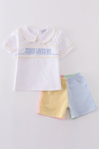 Easter seersucker Jesus loves me embroidery boy set