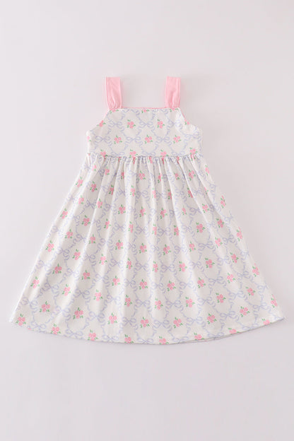 Pink bow floral print girl dress