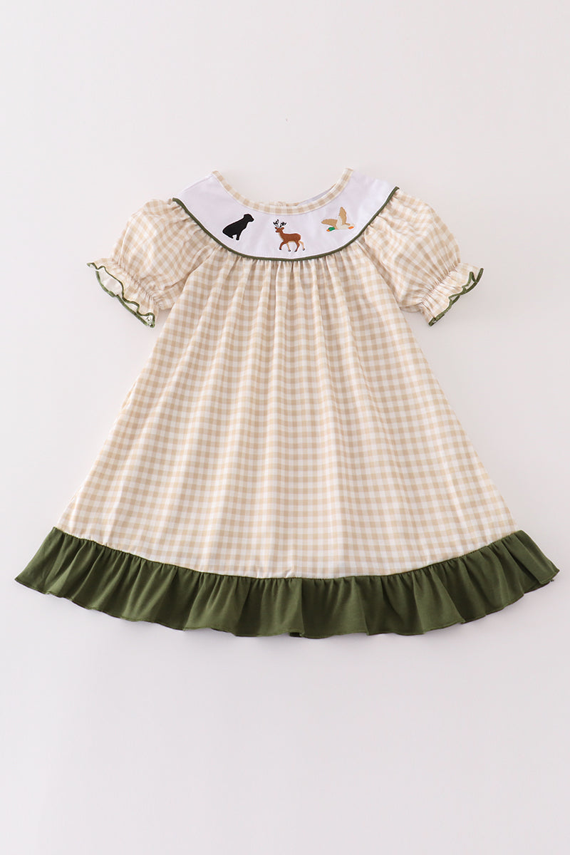 Gingham hunting embroidery girl dress