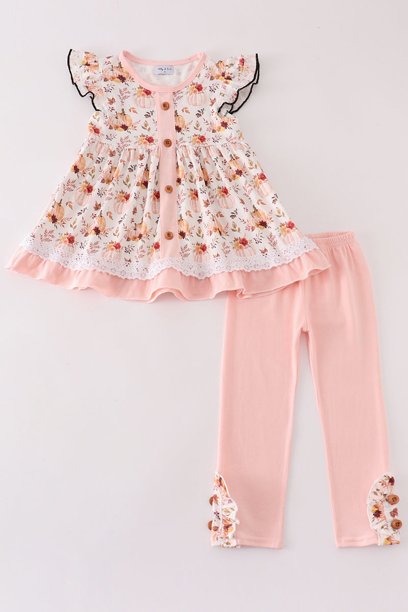 Coral pumpkin print girl set