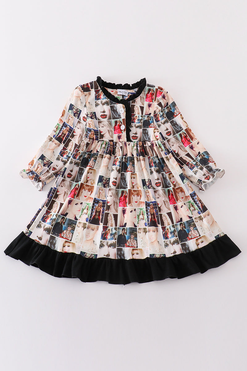 Black music fan print girl gown