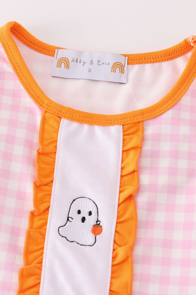 Pink halloween ghost pumpkin embroidery girl set