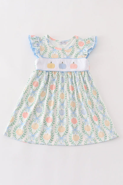 Blue pumpkin embroidery ruffle dress