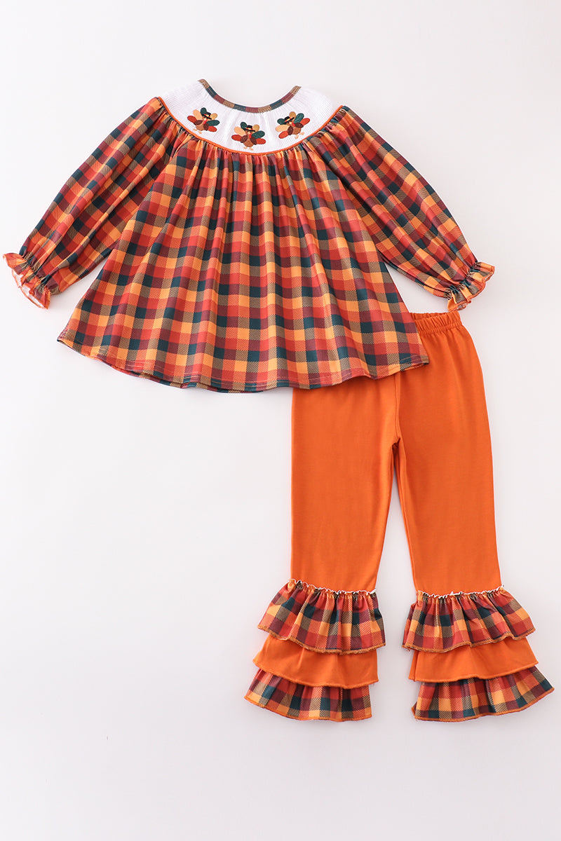 Orange turkey embroidery smocked plaid girl set