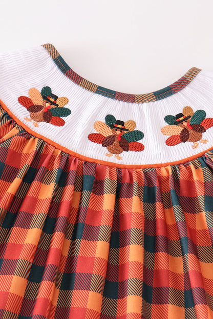 Orange turkey embroidery smocked plaid girl set