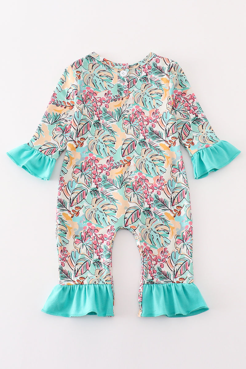 Teal floral print forest animal embroidery girl romper