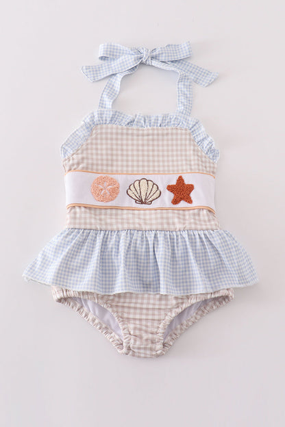 Khaki shells starfish french knot girl swimsuit