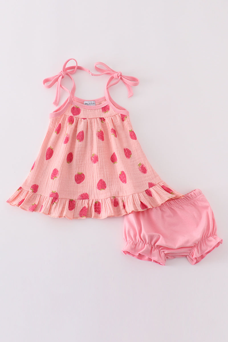 Pink strawberry print muslin girl bloomer set