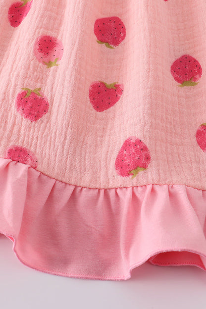 Pink strawberry print muslin girl dress