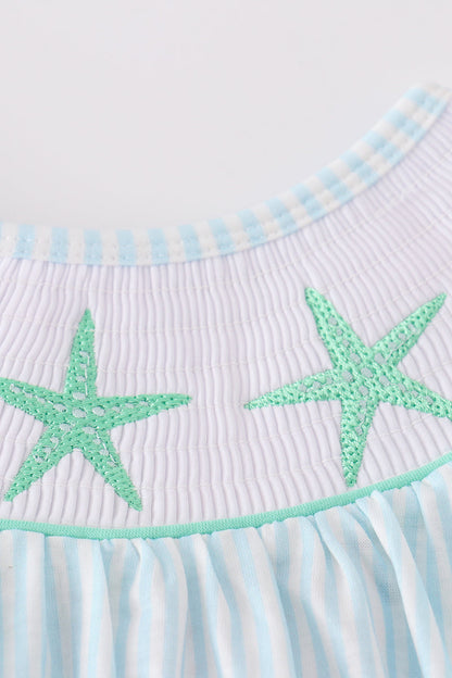 Blue stripe starfish embroidery smocked girl set