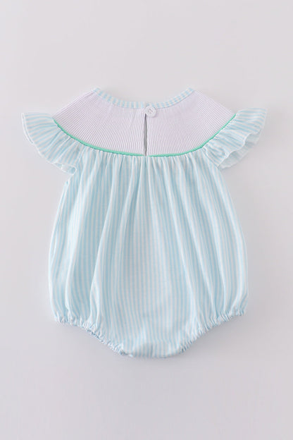 Blue stripe starfish embroidery smocked girl bubble