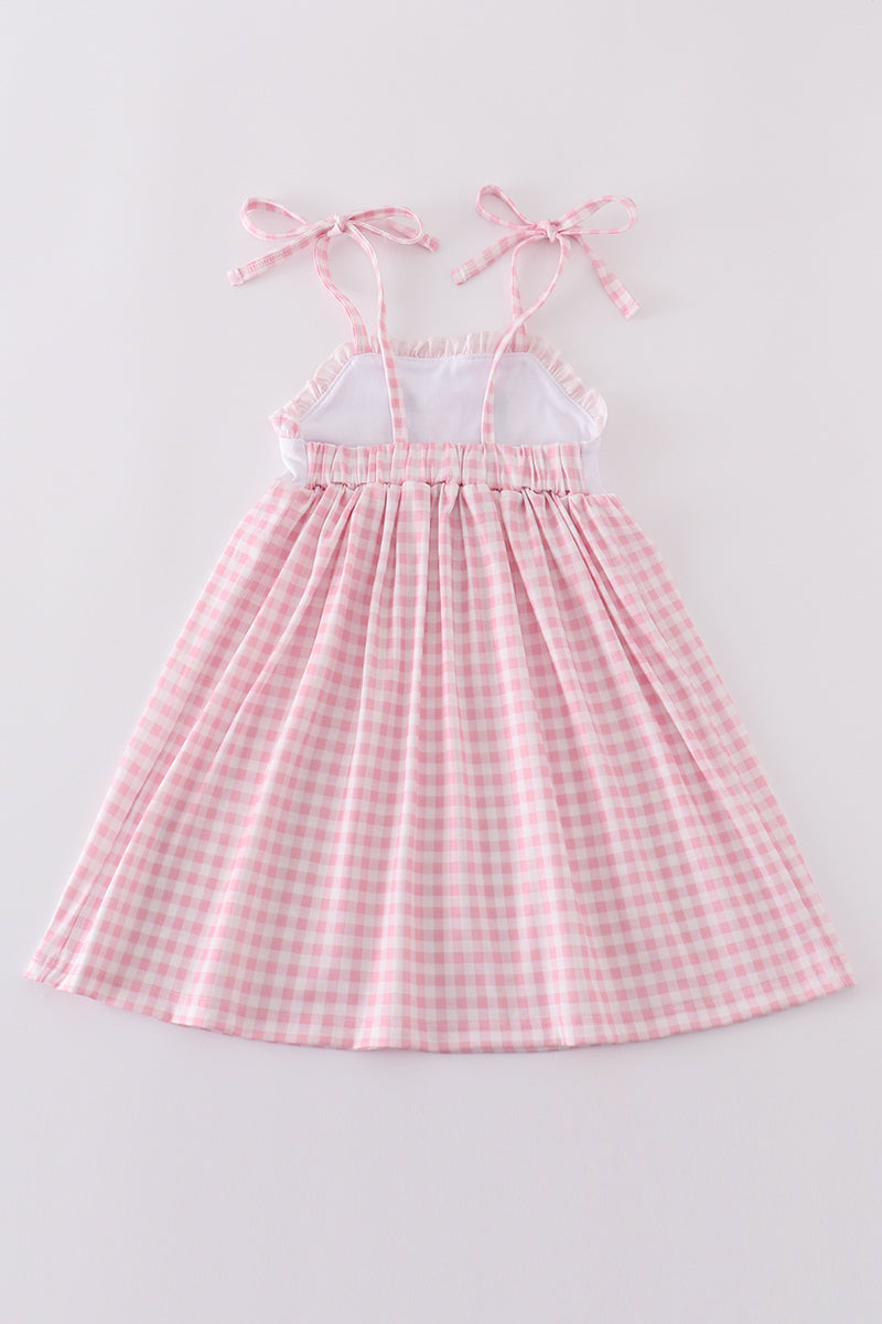 Pink bunny embroidery gingham dress