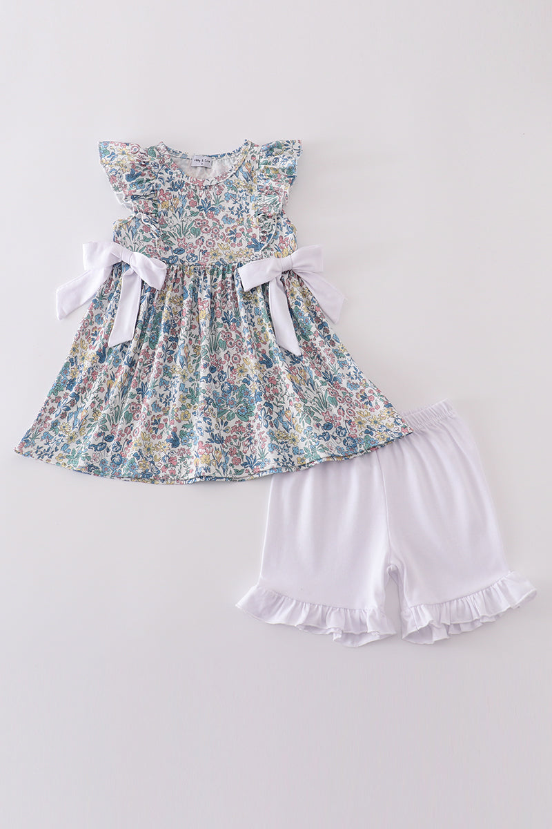 Vintage meadow print bow shorts set