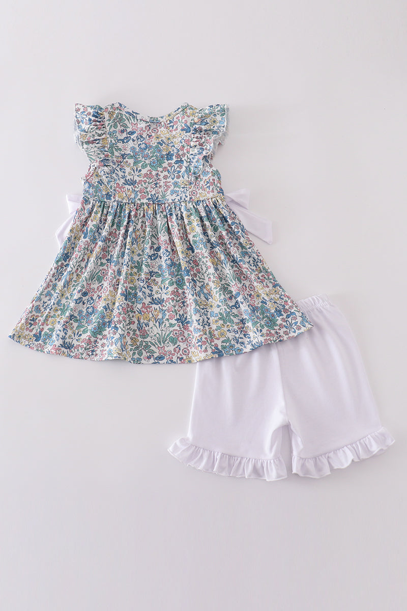 Vintage meadow print bow shorts set