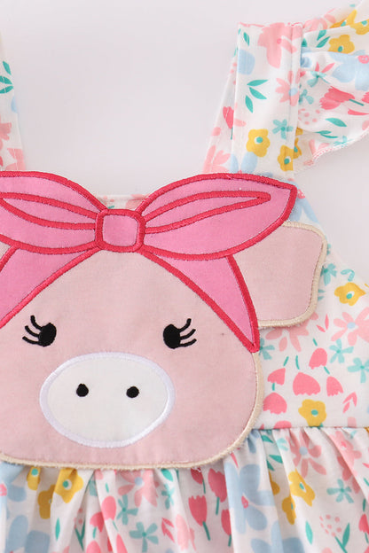 Pink floral pig applique dress