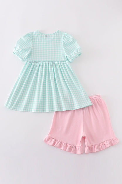 Blue princess embroidery girl gingham set