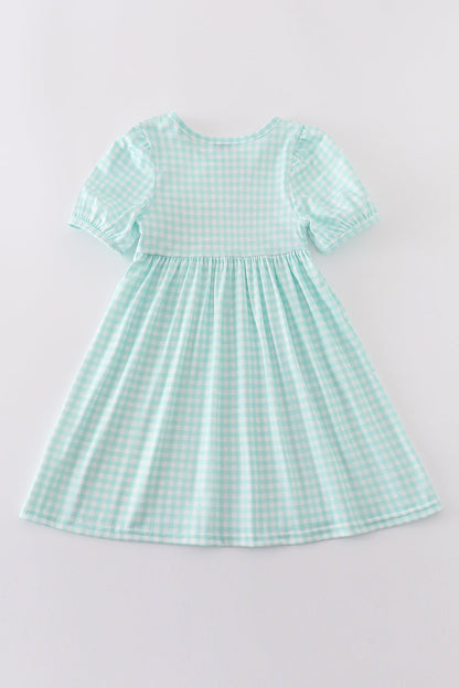 Blue princess embroidery girl gingham dress