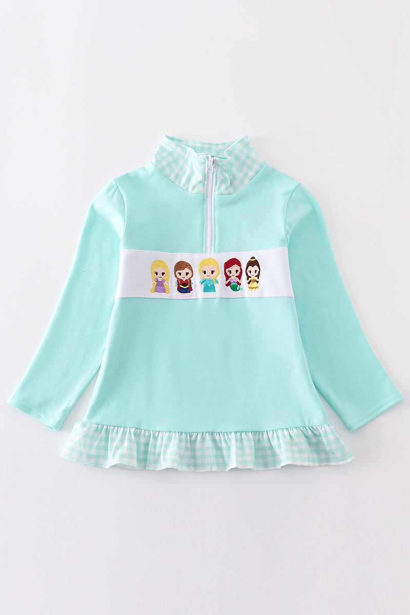 Blue princess embroidery girl zipper pullover