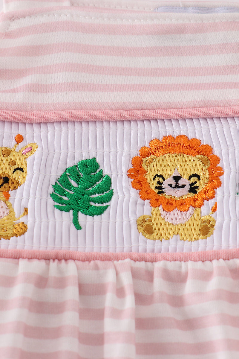 Pink stripe animal embroidery smocked bubble