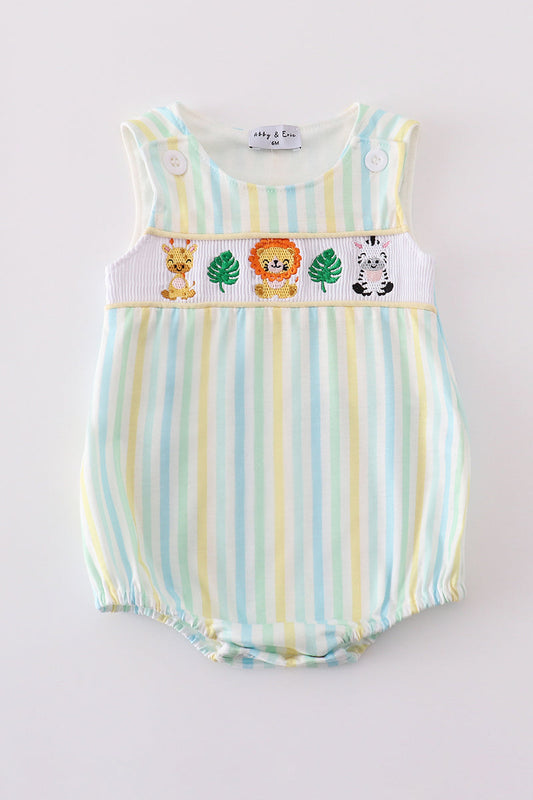 Yellow stripe animal embroidery smocked bubble