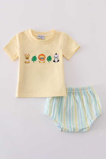 Yellow stripe animal embroidery smocked bloomer set