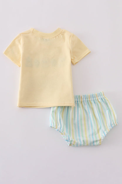 Yellow stripe animal embroidery smocked bloomer set