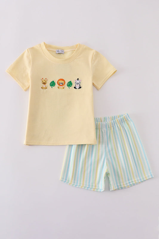 Yellow stripe animal embroidery smocked set