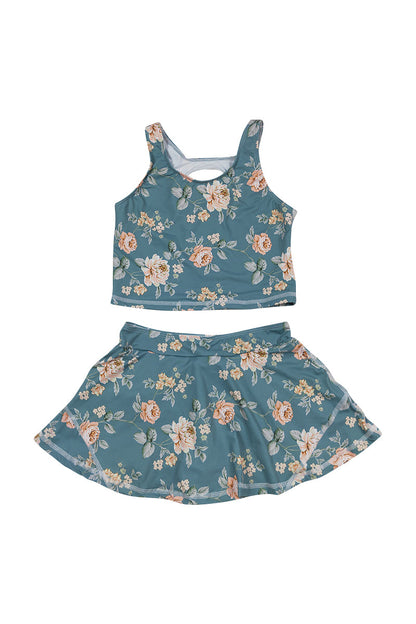 Teal floral print girl 2pc swimsuit