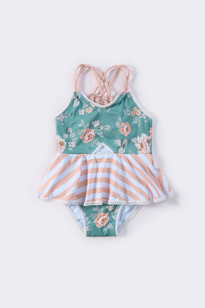 Teal floral print girl one-piece swimsuit