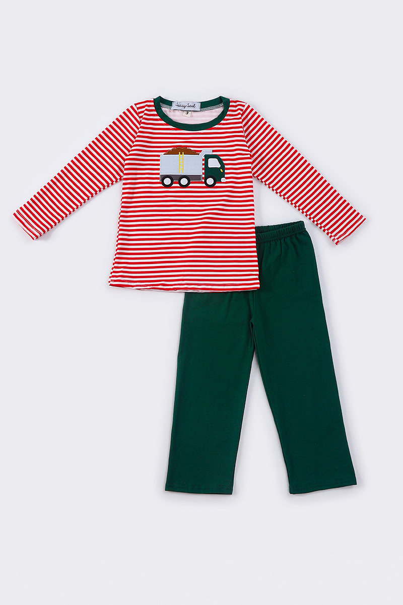 Red stripe truck applique boy set