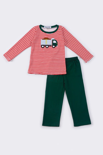 Red stripe truck applique boy set