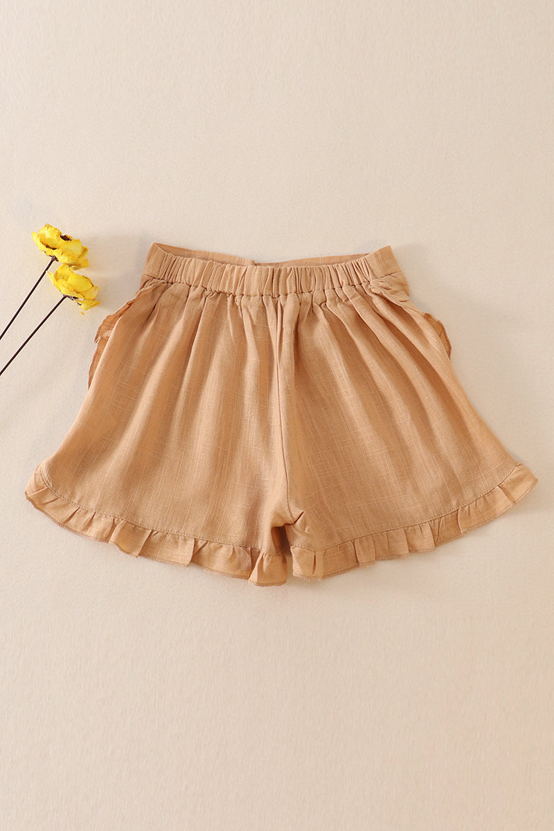 Beige linen ruffle shorts