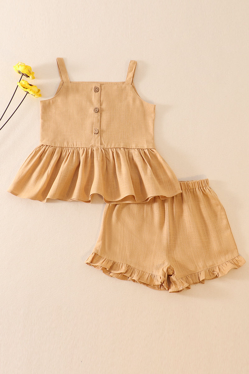 Beige linen ruffle 2pc girl set