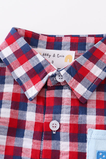 Premium Plaid patriotic flag button down boy shirt