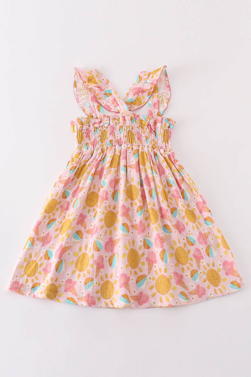 Premium Pink muslin sun ice cream smocked ruffle dress