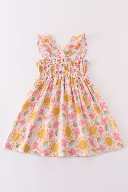 Premium Pink muslin sun ice cream smocked ruffle dress