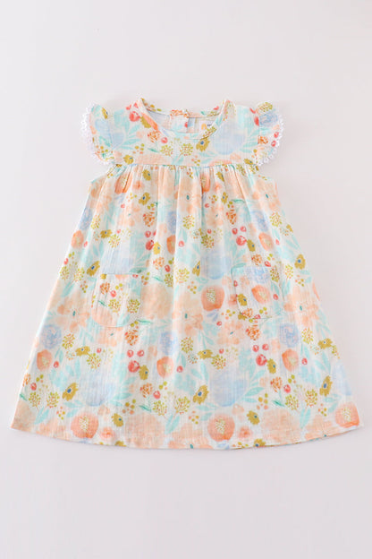 Premium Blue & pink muslin floral ruffle dress