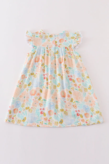 Premium Blue & pink muslin floral ruffle dress