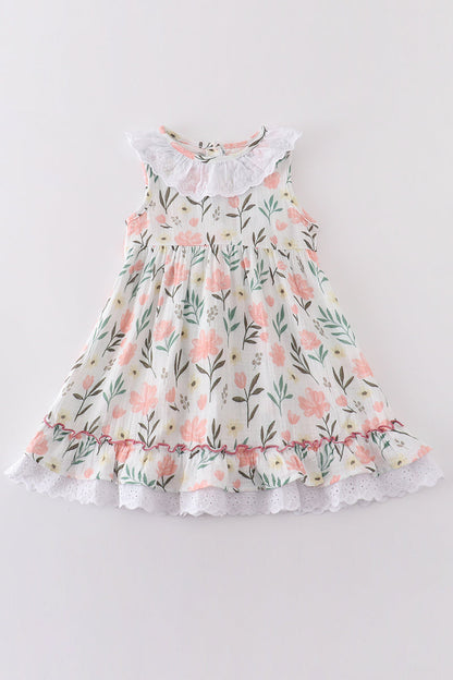 Premium Pink muslin floral ruffle dress