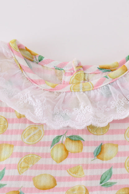 Premium Pink muslin stripe lemon ruffle dress