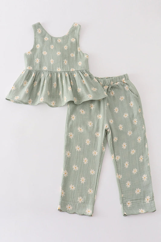 Premium Sage muslin daisy girl set