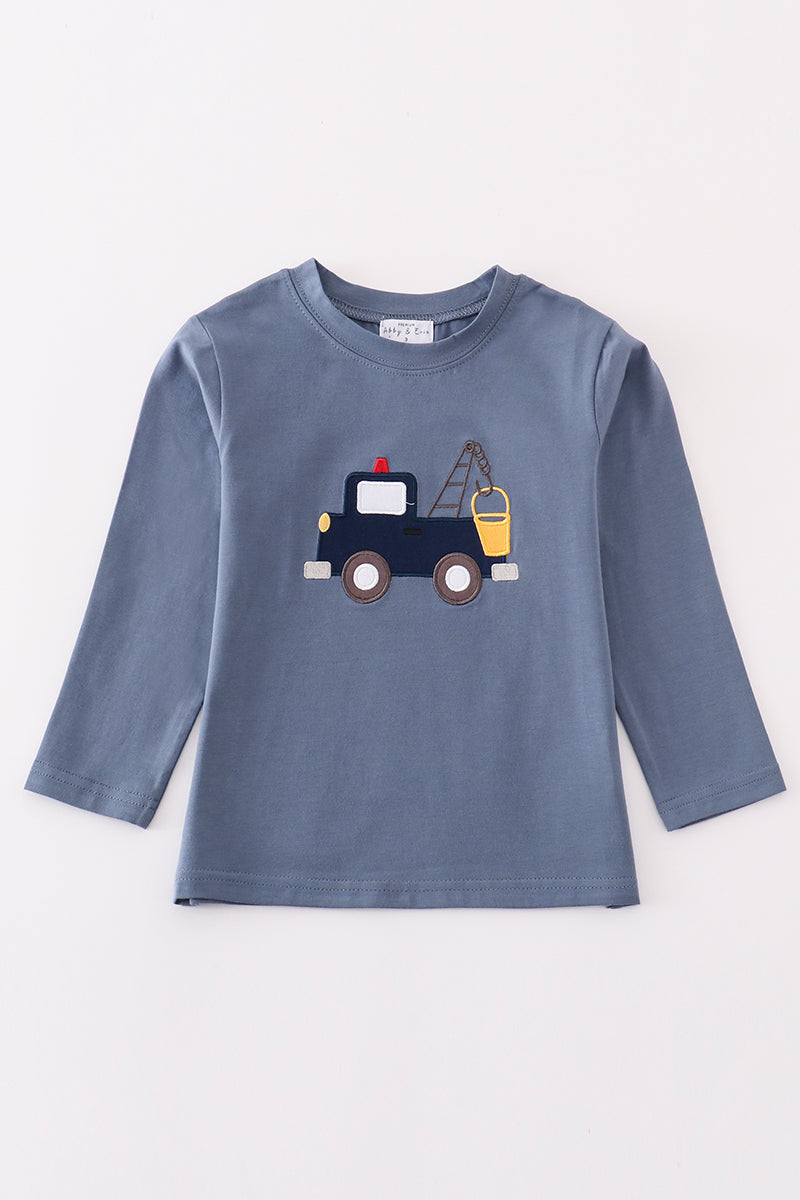 Premium Blue tractor applique boy top