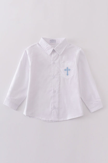 Premium cross embroidery button down long sleeve shirt