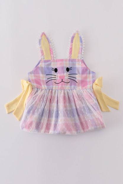 Premium pink bunny bow plaid dress