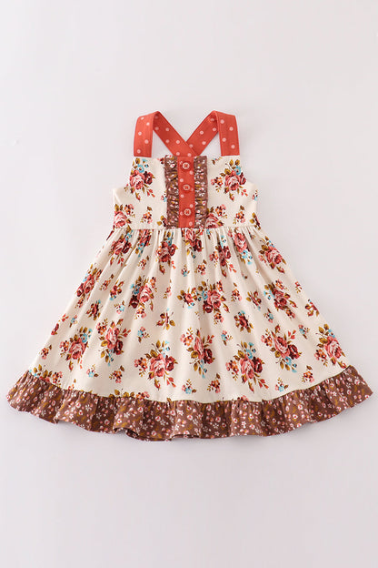 Platinum rust floral print  apron ruffle dress