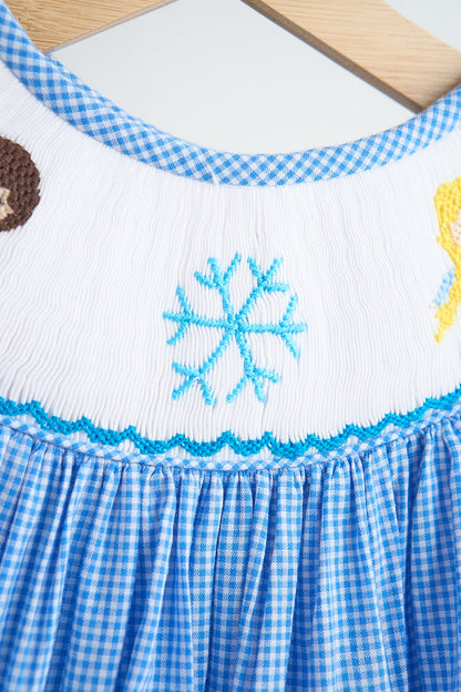 Blue snow princess hand smocked gingham dress