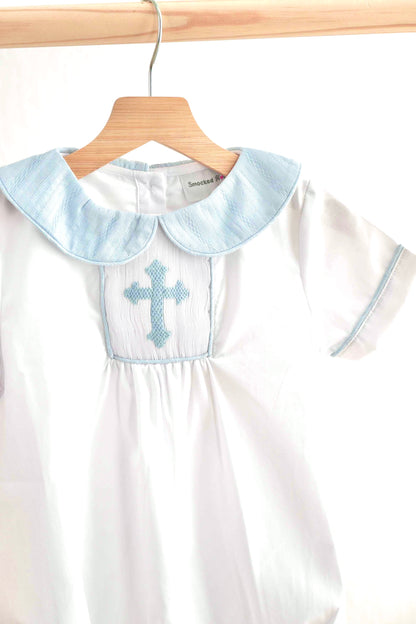 Blue easter cross hand-smocked boy bubble