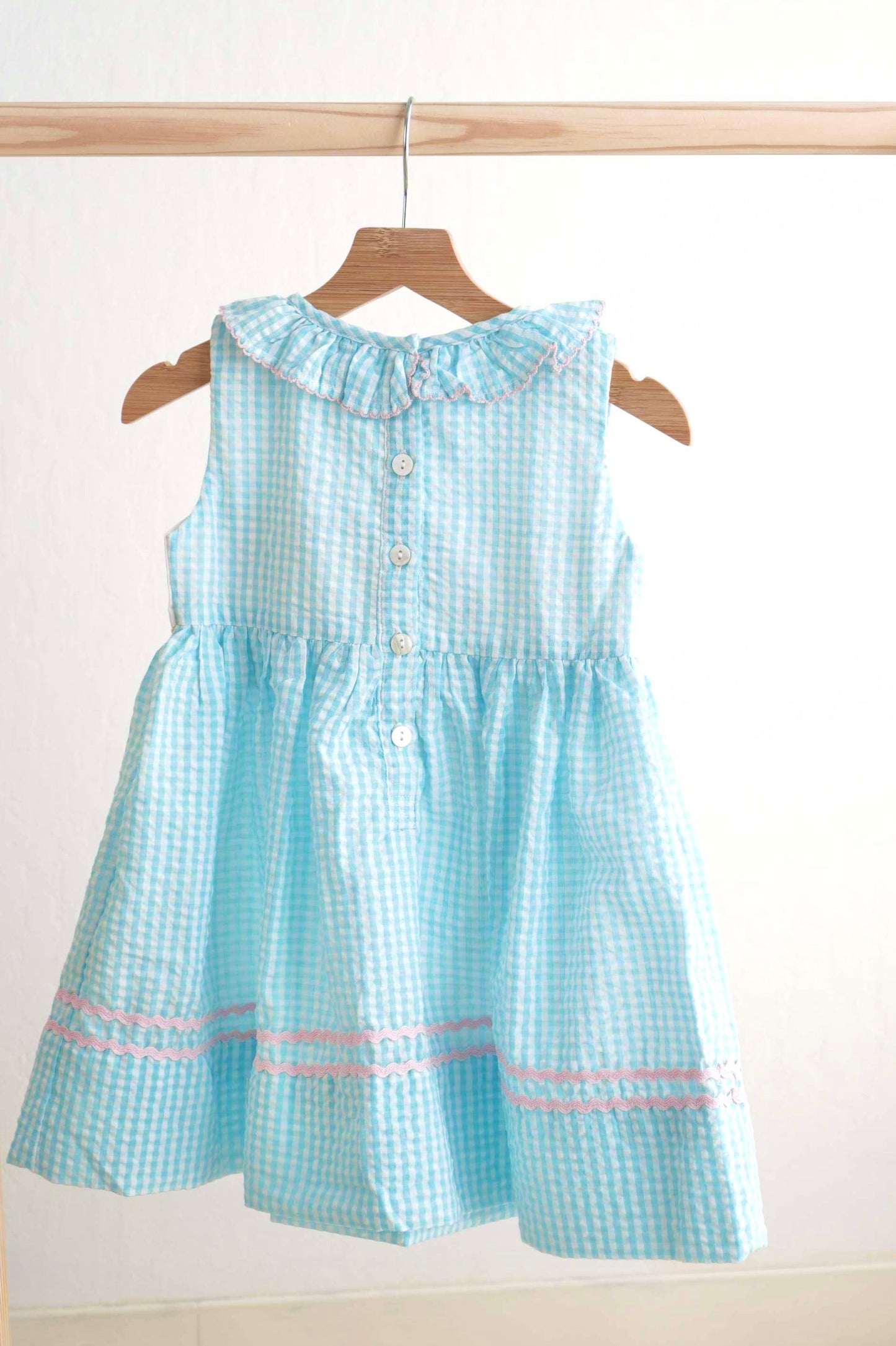 Blue easter bunny egg french knot girl gingham seersucker dress